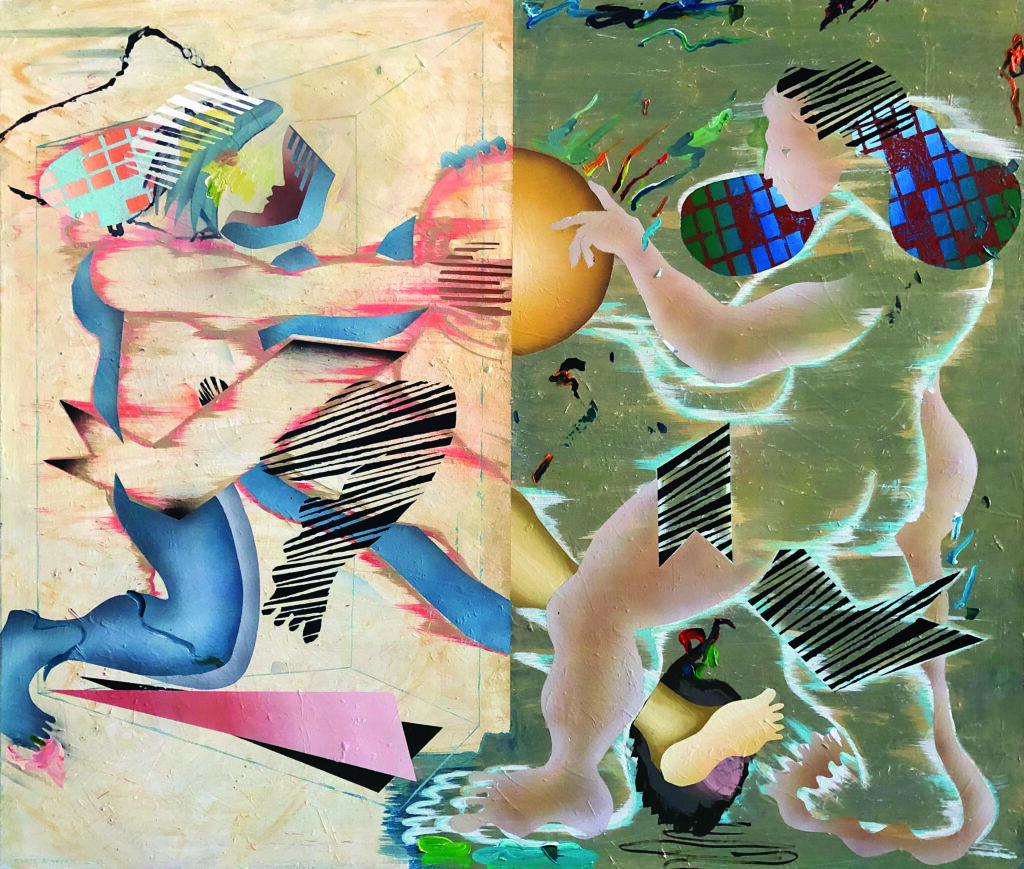 Chris Denovan, Playful To The Sun, 2023 Oil, Spray, Gold Leaf And Acrylic On Canvas. 1400 X 1650 Mm