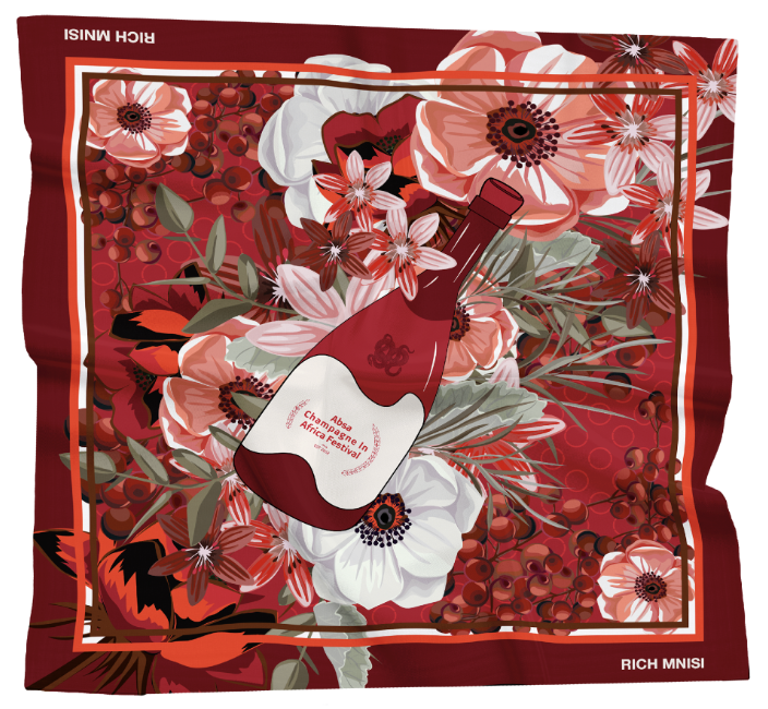 Rich mnisi x absa champagne in africa bespoke scarf and pocket square design