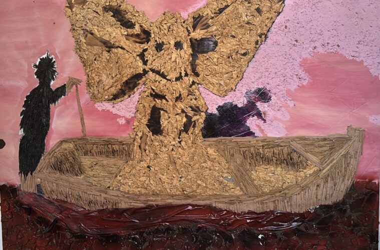 Leonardo sitoe red sea 2026 123cm x 157,5 cm mixed media, wood out and oil and acrylic on canvas r 18 000 excl vat