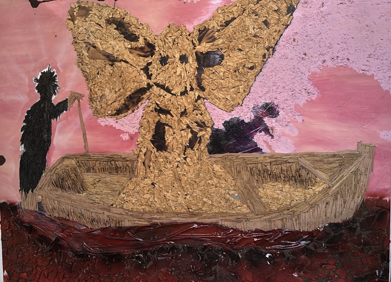 Leonardo sitoe red sea 2026 123cm x 157,5 cm mixed media, wood out and oil and acrylic on canvas r 18 000 excl vat
