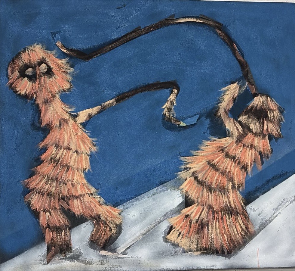 Leonardo sitoe stick fights 2026 mixed media, wood out and oil and acrylic on canvas 66cm x 73cm r 6000 excl vat