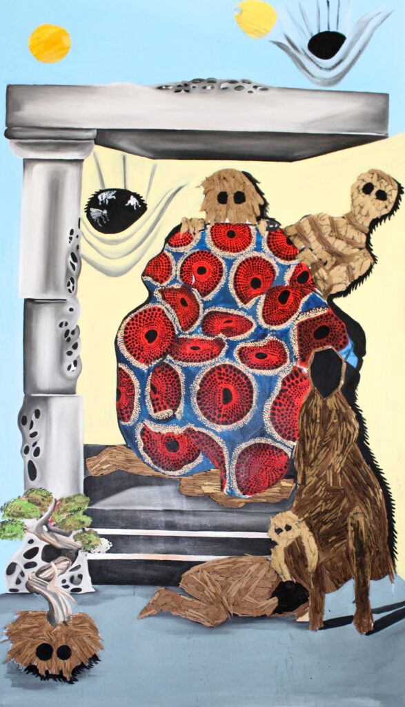 Leonardo sitoe watch the throne 2023 230cm x 180 cm mixed media, wood out and oil and acrylic on canvas r32 000 excl of vat