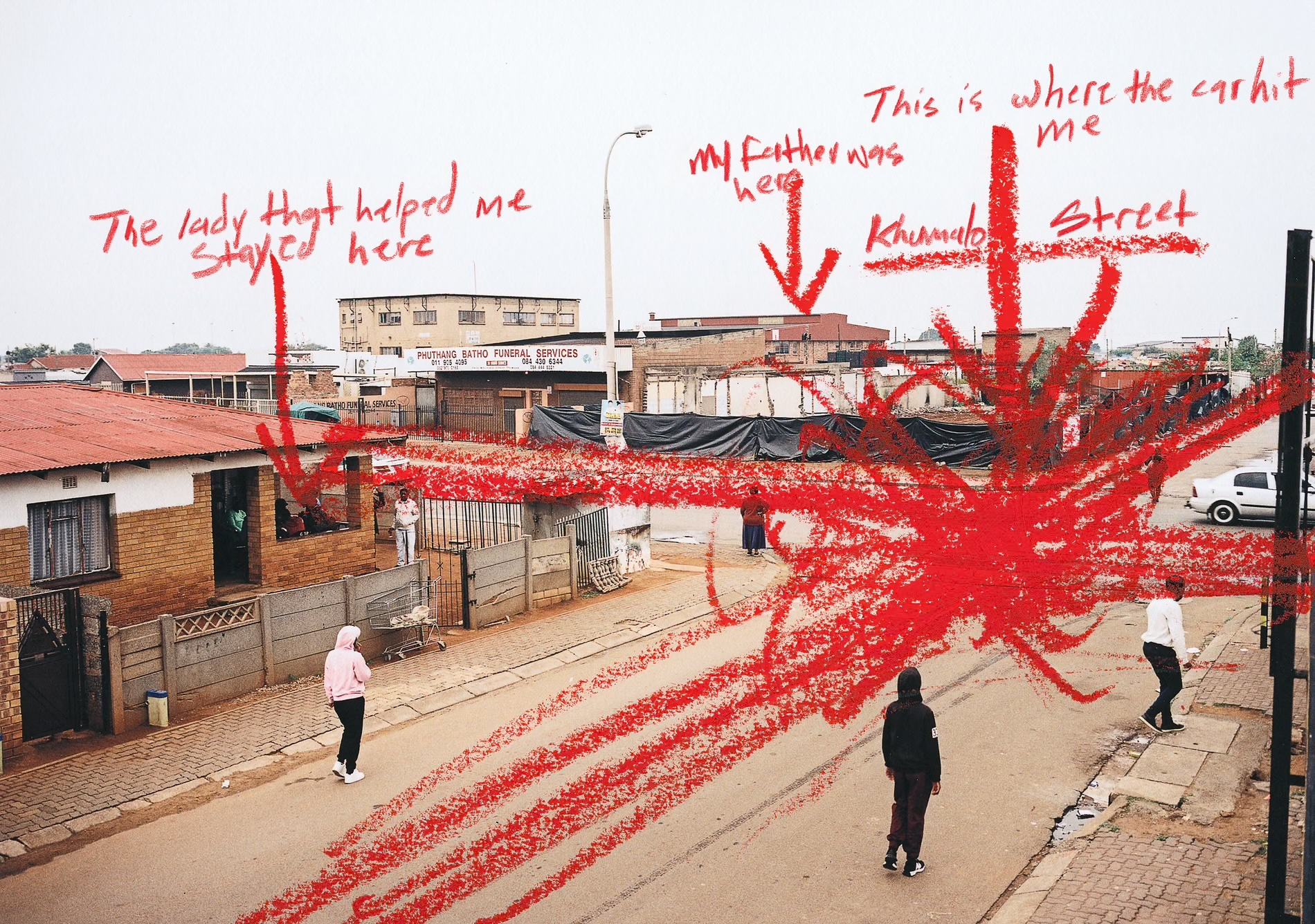Thembinkosi Hlathswayo, Khanya Zibaya, Lindokuhle Sobekwa, Thero Makepe and Santu Mofokeng. (Photo credit: Lindokuhle Sobekwa. Where the Accident Happened (2023)