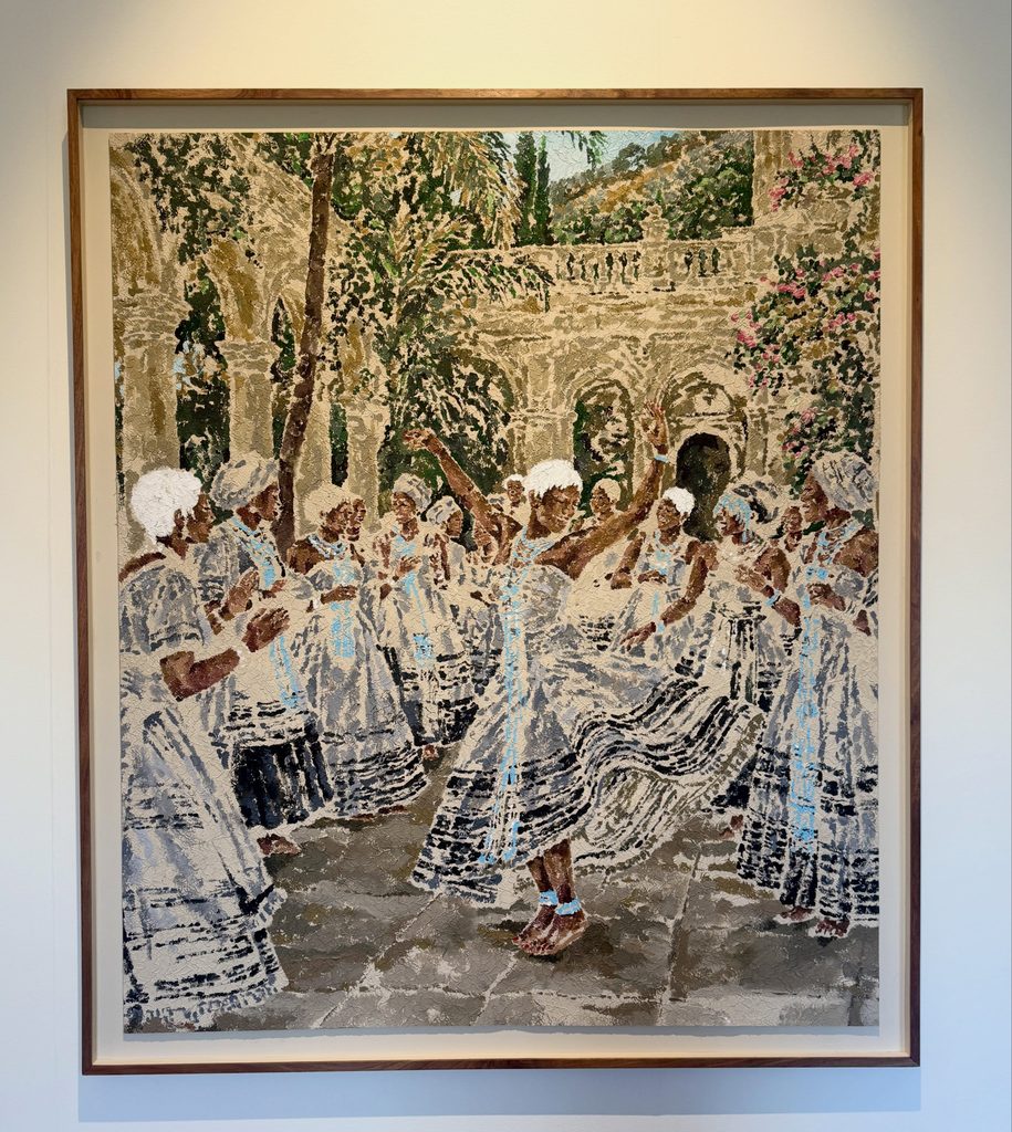So We Kept Dancing, 2026. Acrylic paint on hand prepared lace and canvas 137 x 159 cm I think a (2)