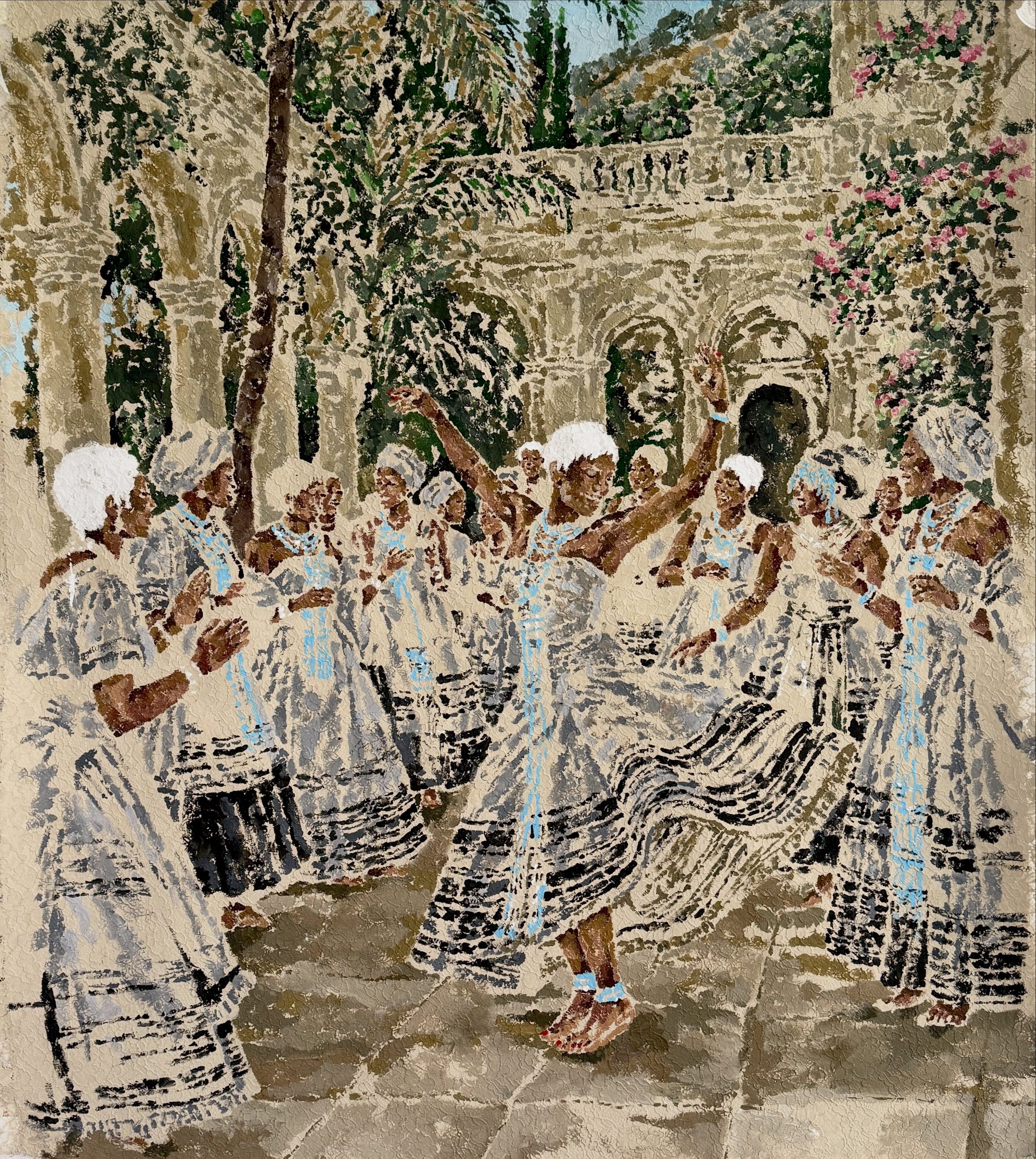 So We Kept Dancing, 2026. Acrylic paint on hand prepared lace and canvas 137 x 159 cm I think a
