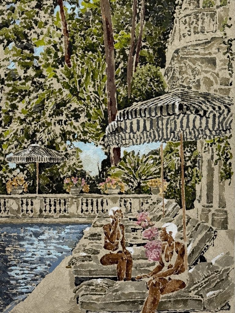 Tea in the backyard 80 x 137 cm Acrylic paint on hand prepared lace paper 2026I had the pleasure (1)