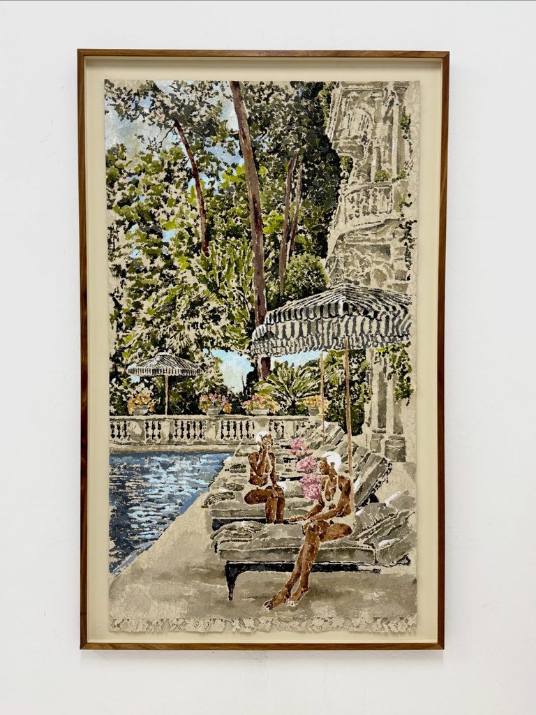 Tea in the backyard 80 x 137 cm Acrylic paint on hand prepared lace paper 2026I had the pleasure